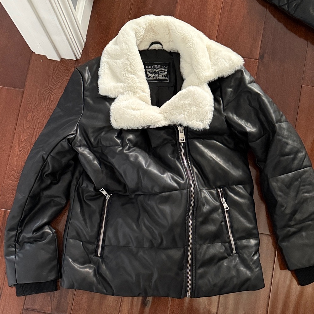Levi's Black Leather Jacket with White Fur Collar